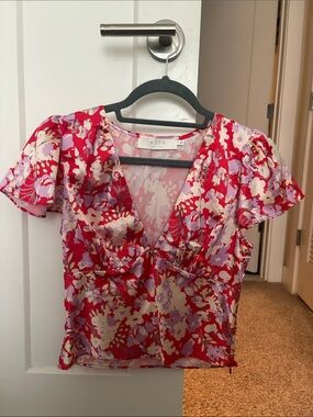 ASTR Pink and Red Floral V-Neck Puff Sleeve Blouse